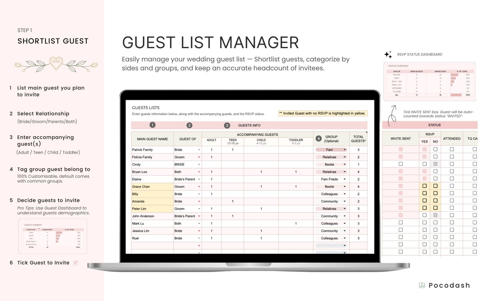 This image explains how to use Wedding Guest List Template designed by Pocodash.