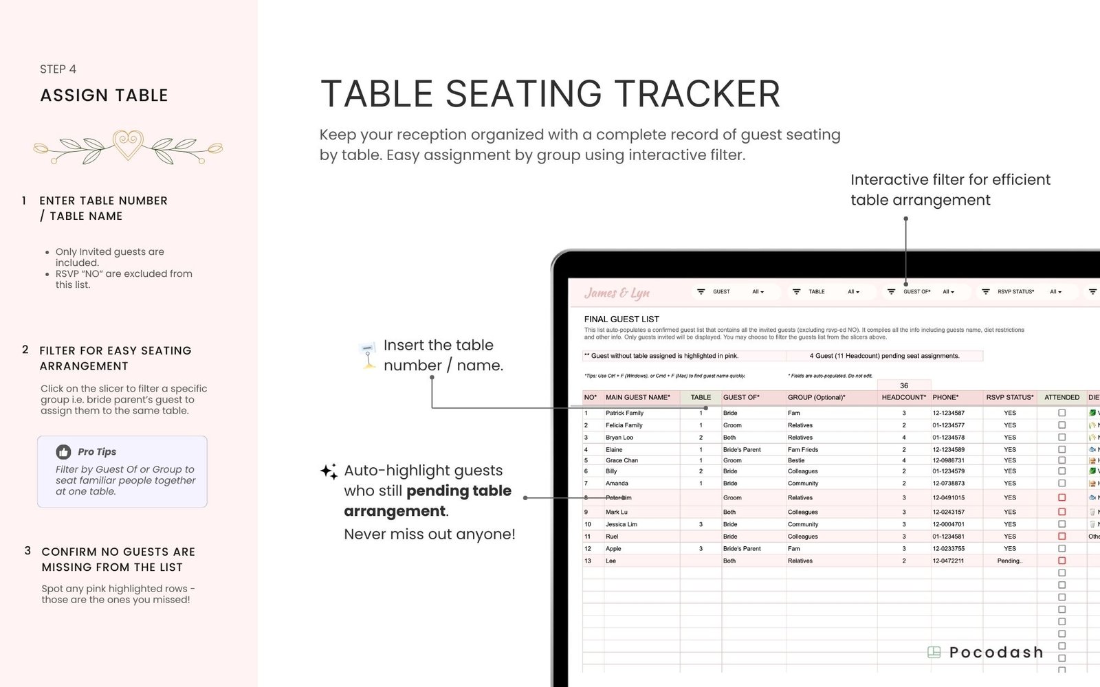 This image explains how to use Wedding Guest List Template designed by Pocodash.