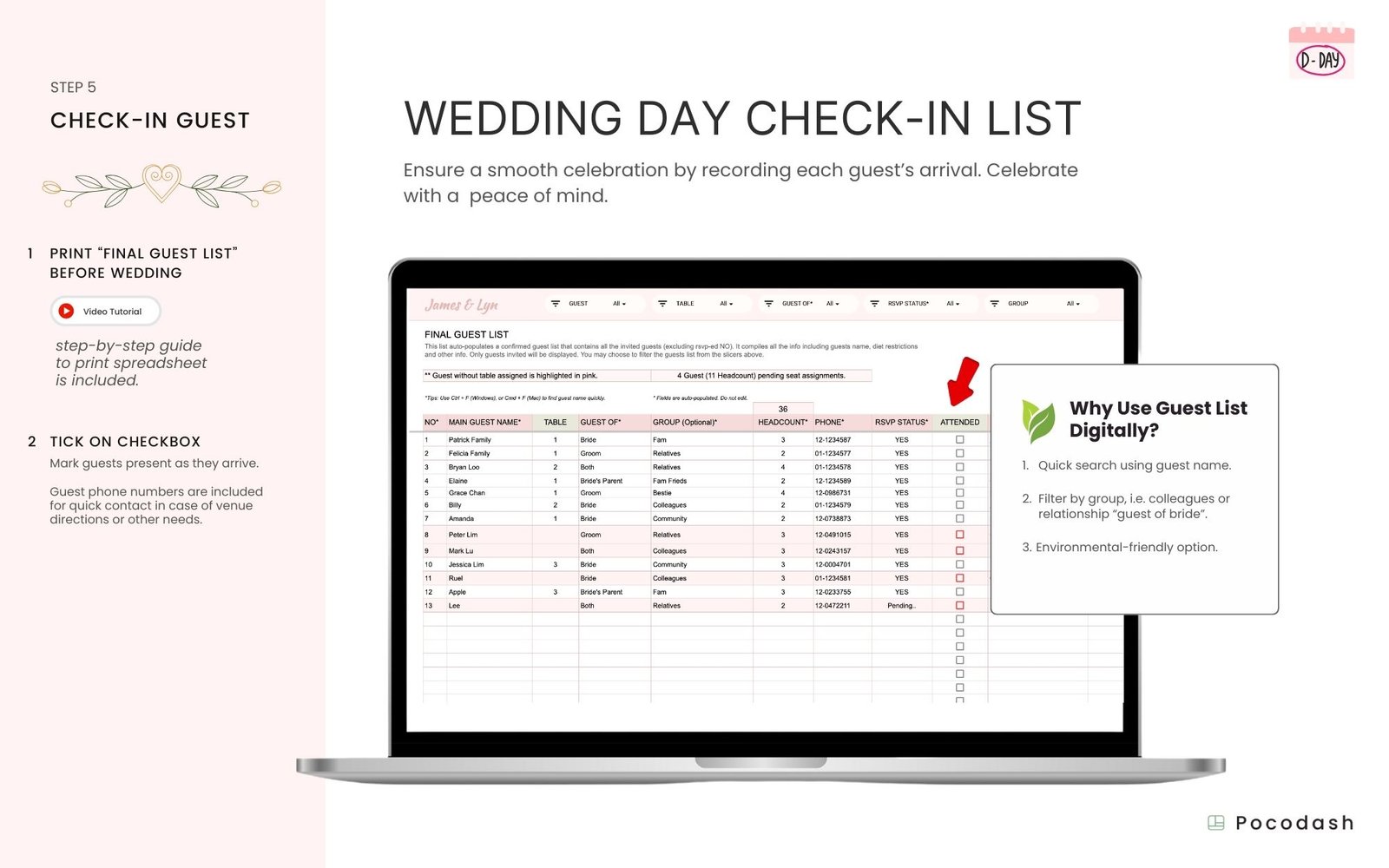 This image explains how to use Wedding Guest List Template designed by Pocodash.