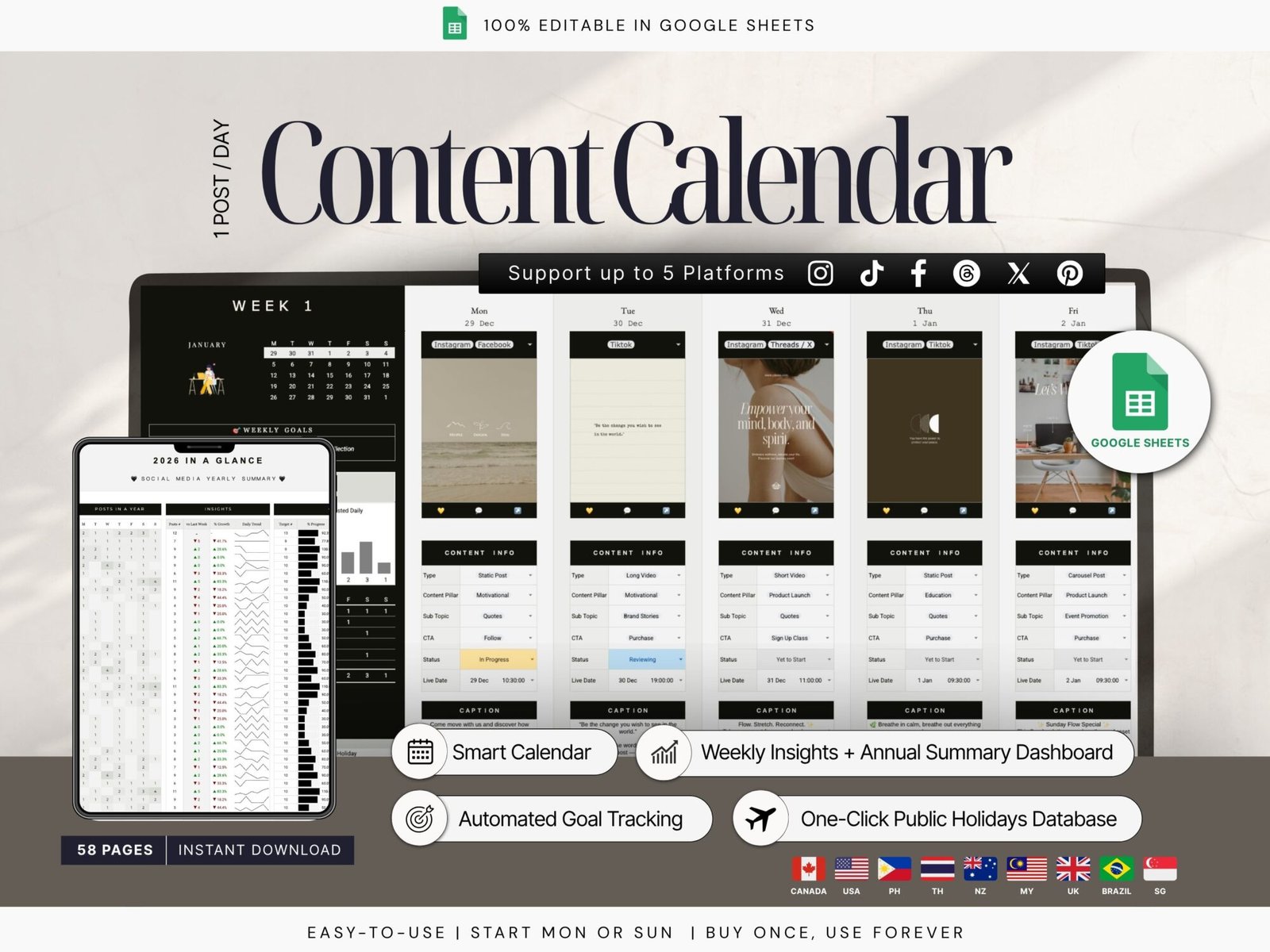 Cover image of product: Content Calendar Planner Google Sheets - Instant Download