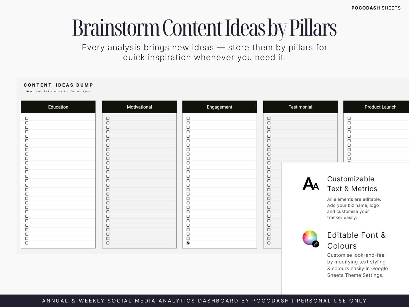 This photo displays Track Content Ideas by Pillars & Braindump - Google Sheets