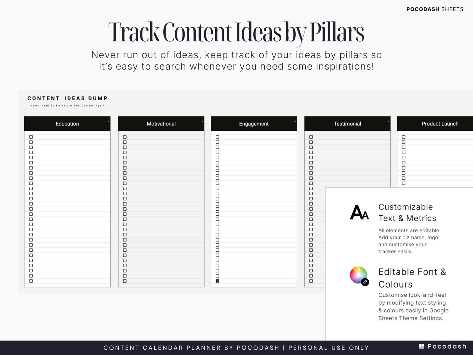 Listing Image of Product Explaining Track Content Ideas by Pillars - Google Sheets