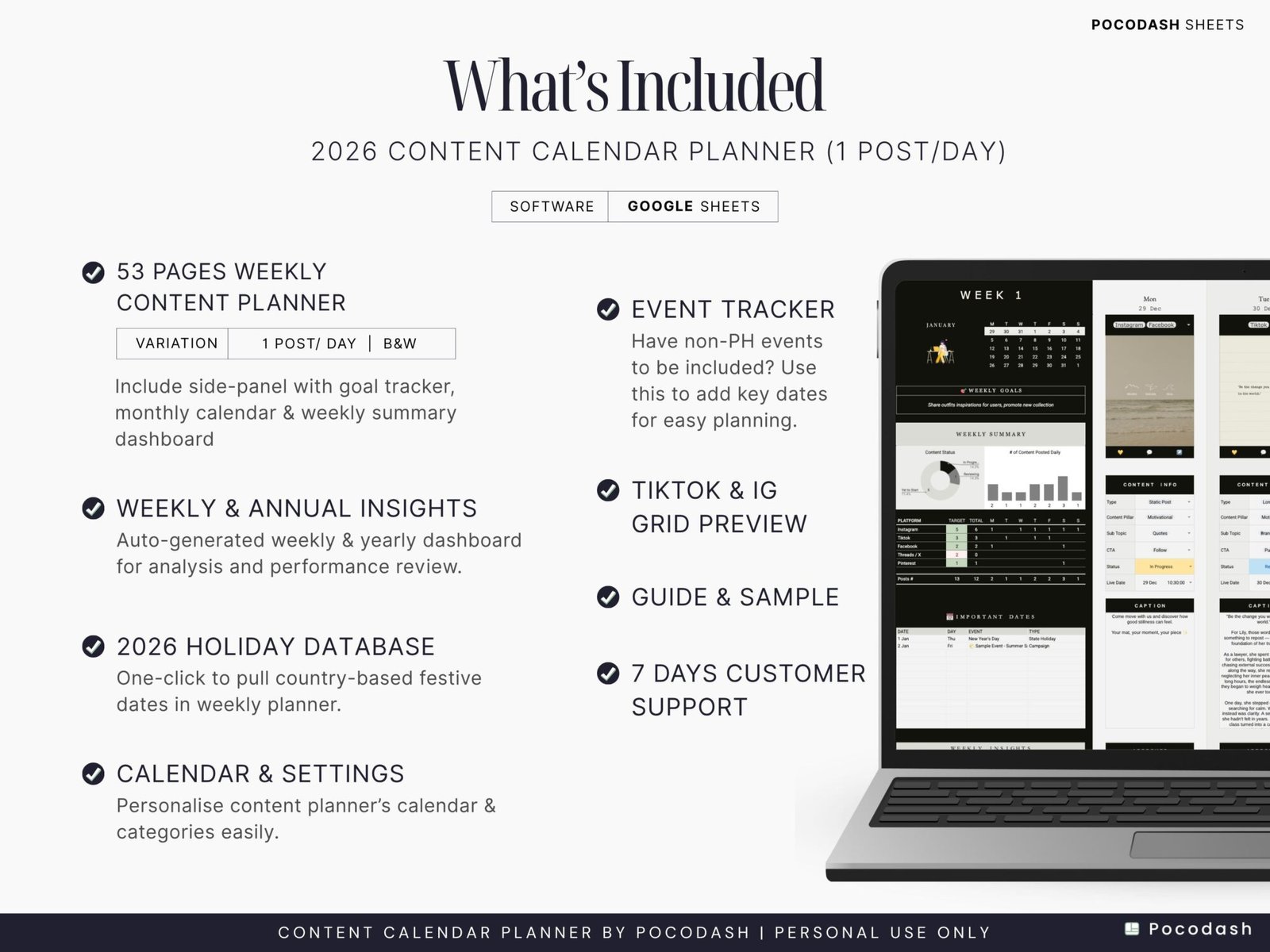 Listing Image of Product Explaining What's Included in This Weekly Content Calendar Planner